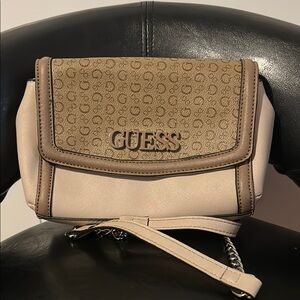 Guess Tan and Cream Crossbody Bag with Logo Embossed Flap